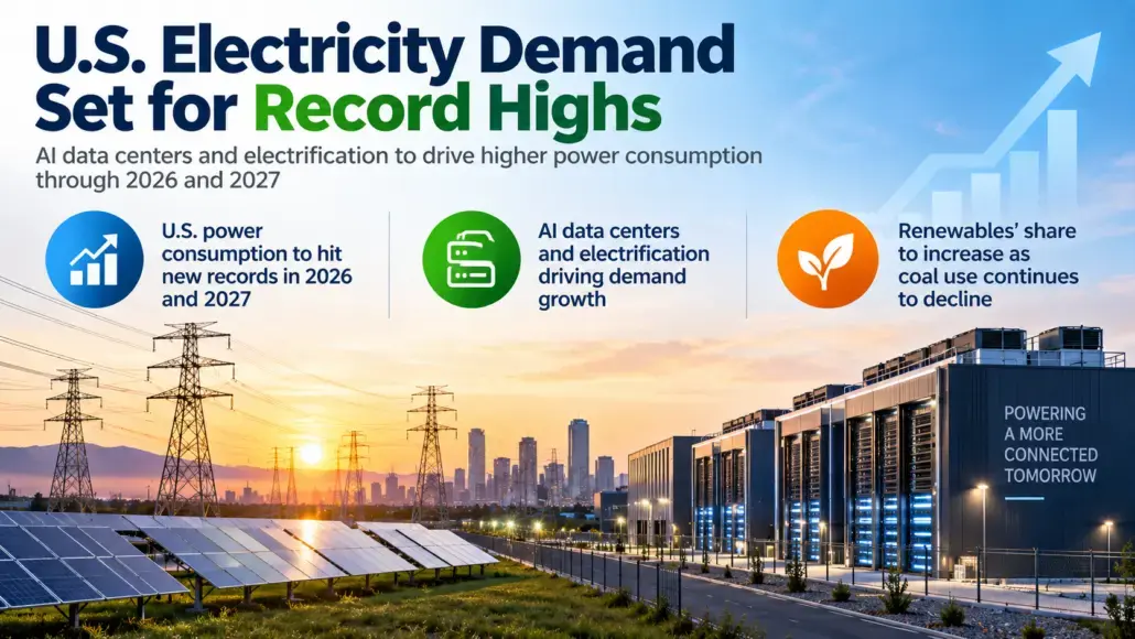 Infographic title: U.S. Electricity Demand Set for Record Highs, shown over a solar farm and a modern data center with a city skyline in the background.
