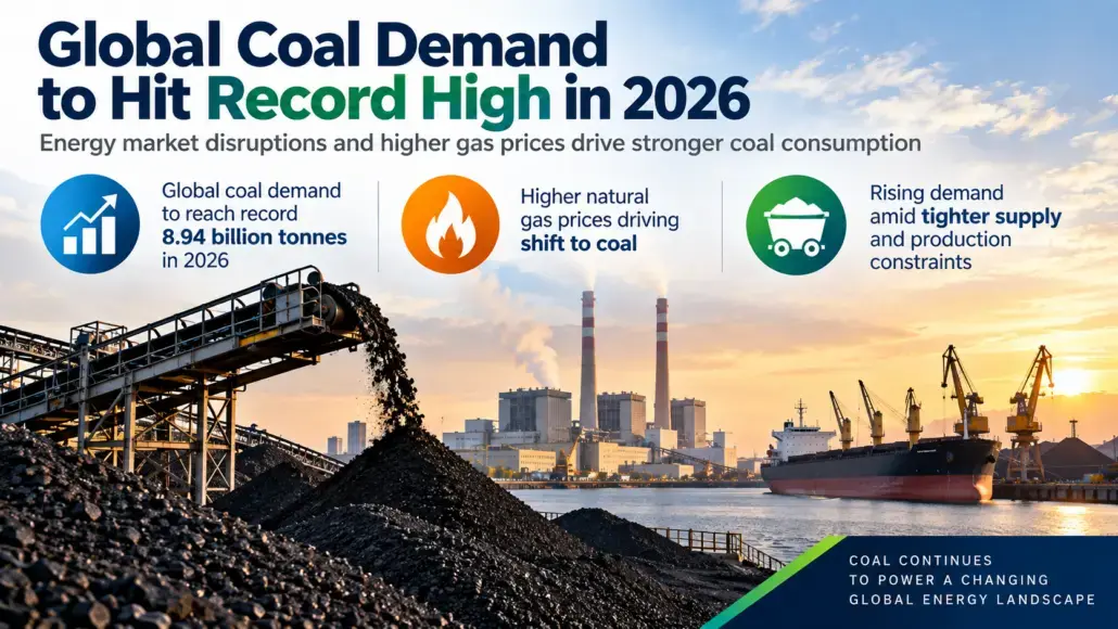 Sunset view of a coal loading port with large coal piles and ships, overlaid with the headline about Global Coal Demand hitting a record high in 2026.