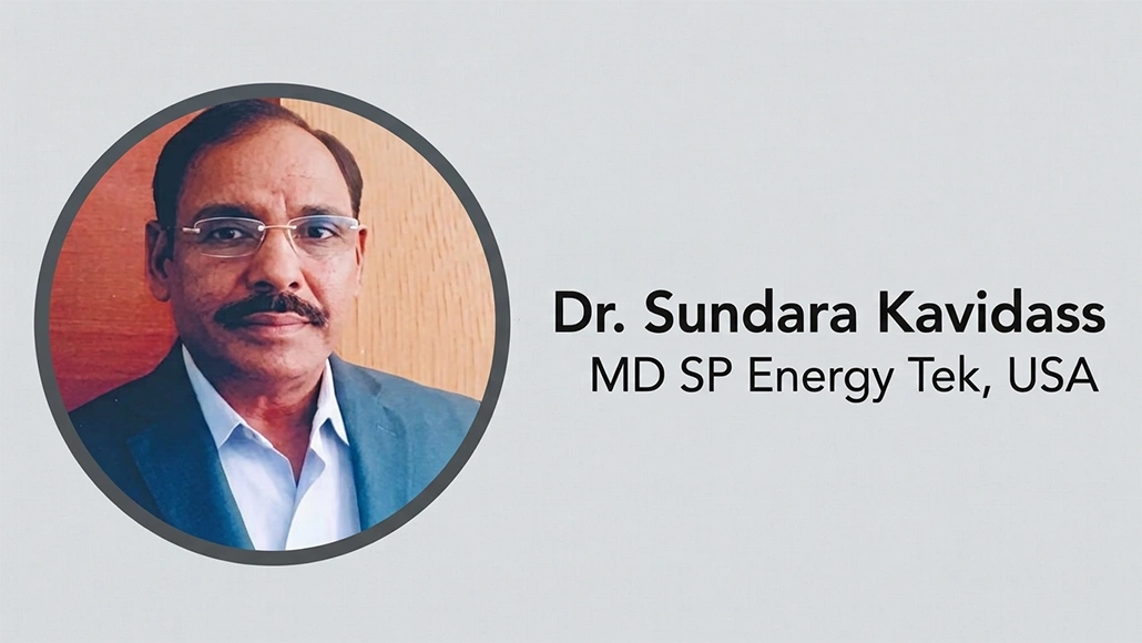 Circular portrait of Dr. Sundara Kavidas in a suit and glasses, with the name 'Dr. Sundara Kavidas' and title 'MD SP Energy Tek, USA' on a light gray background.