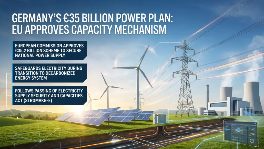 Infographic about Germany's €35 billion power plan; EU approves capacity mechanism and related energy-security measures.