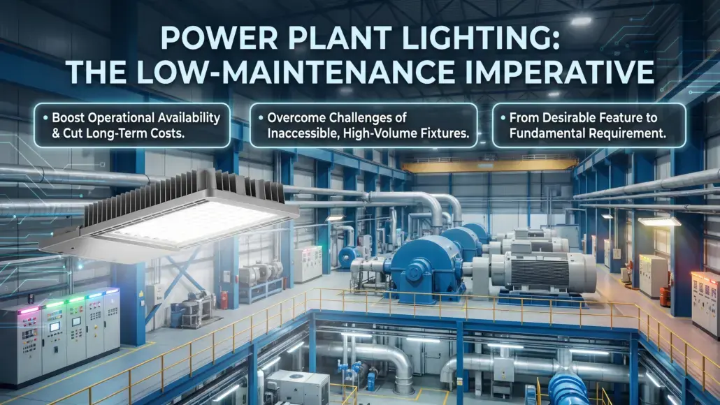Infographic about low-maintenance power plant lighting with three benefit bullets in a blue industrial interior.