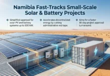 Namibia Implements Streamlined Approvals for Small-Scale Solar and Battery Storage Desert solar farm with rows of panels and a large containerized battery system; neon energy lines connect equipment under a blue sky.