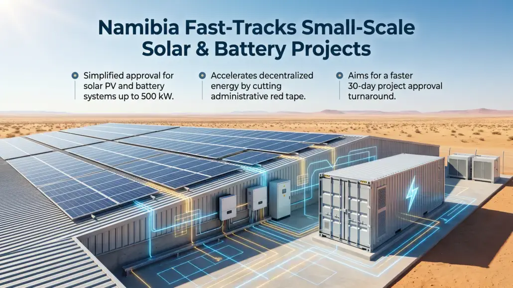 Desert solar farm with rows of panels and a large containerized battery system; neon energy lines connect equipment under a blue sky.