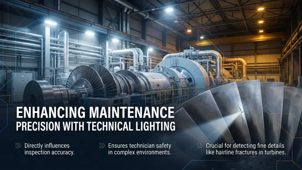 Industrial turbine room with pipes; banner reads 'Enhancing Maintenance: Precision with Technical Lighting' and bullet points about inspection accuracy, safety, and detecting fine details.