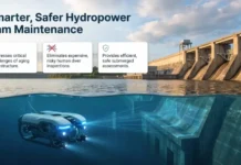 Robotic Inspection Systems Improving Hydropower Dam Maintenance Underwater dam inspection scene with a robotic drone and three feature cards about aging infrastructure, safer inspections, and submerged assessments.