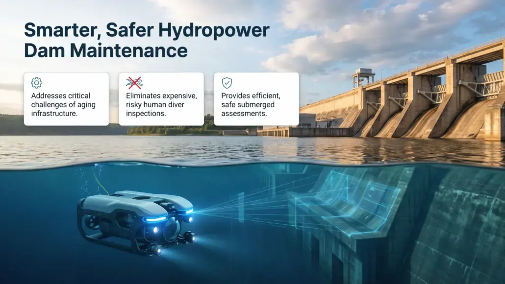 Underwater dam inspection scene with a robotic drone and three feature cards about aging infrastructure, safer inspections, and submerged assessments.