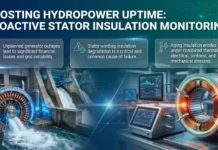 Stator Insulation Monitoring Improving Hydropower Generator Reliability Infographic banner about boosting hydropower uptime with proactive stator insulation monitoring, showing dam, turbine, and three benefit callouts.