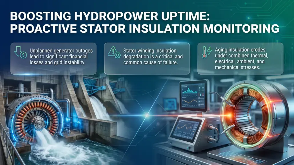 Infographic banner about boosting hydropower uptime with proactive stator insulation monitoring, showing dam, turbine, and three benefit callouts.