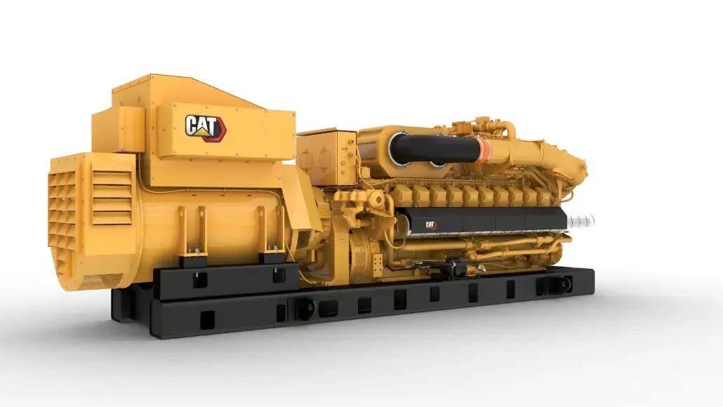 Yellow Caterpillar diesel generator set mounted on a black skid frame, logo visible, industrial machinery image for power generation.
