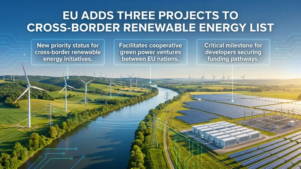 EU adds three cross-border renewable energy projects; wind turbines, solar farms and a river crossing in a green energy landscape.