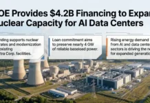DOE Backs Vistra Corp. with Nuclear Financing for Expansionย Aerial view of a nuclear power plant with three white callout boxes summarizing DOE financing, loans, and energy demand.