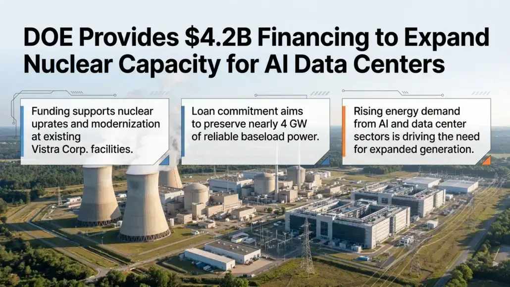 Aerial view of a nuclear power plant with three white callout boxes summarizing DOE financing, loans, and energy demand.