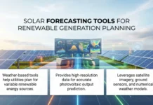 Solar Forecasting Tools for Renewable Generation Planning Solar forecasting tools for renewables with three panels describing weather-based tools, high-resolution data for PV output, and satellite imagery.