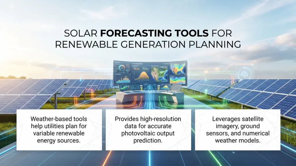 Solar forecasting tools for renewables with three panels describing weather-based tools, high-resolution data for PV output, and satellite imagery.
